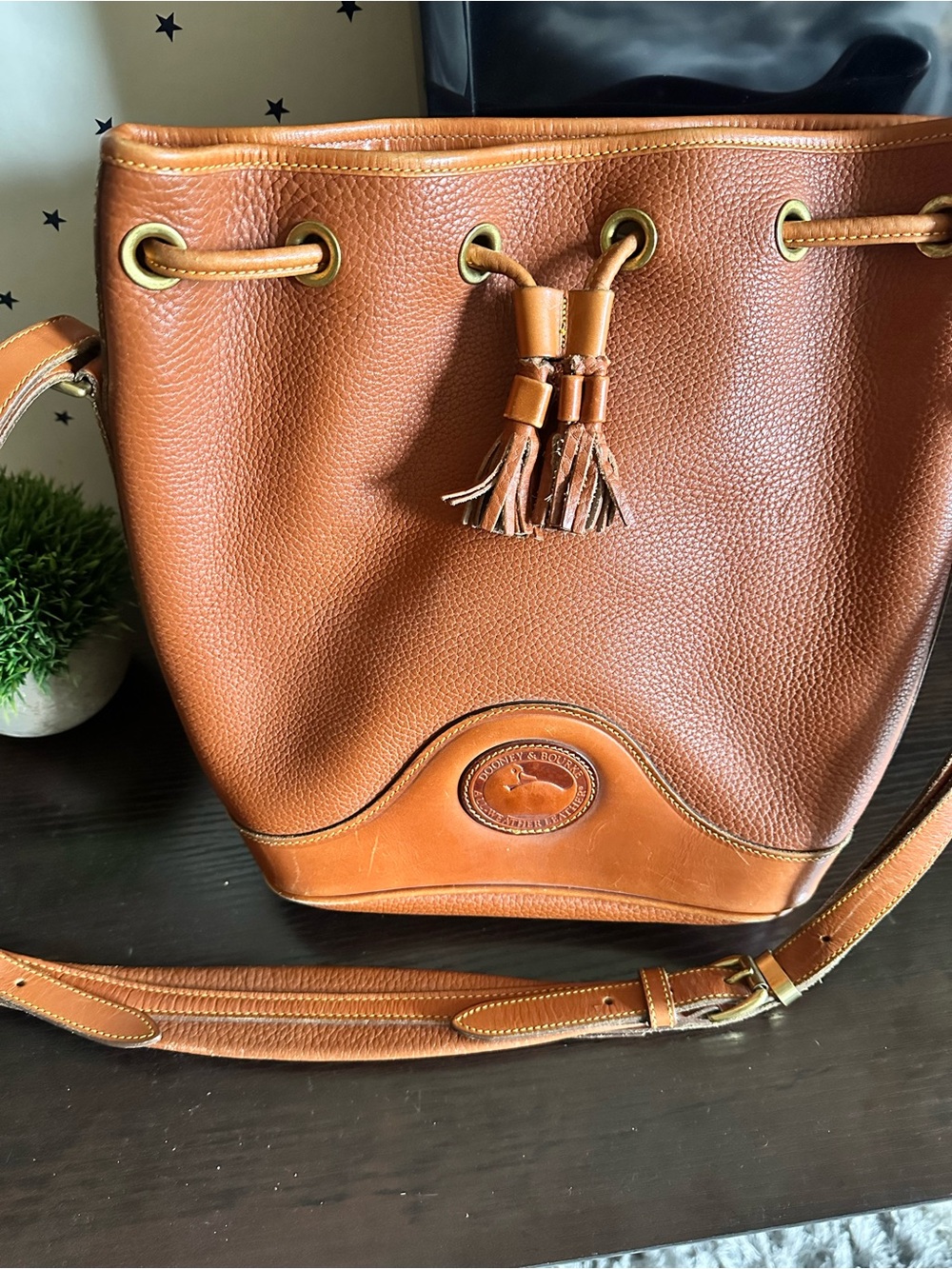 Dooney & Bourke Brown Pebbled Leather Drawstring Bucket Bag